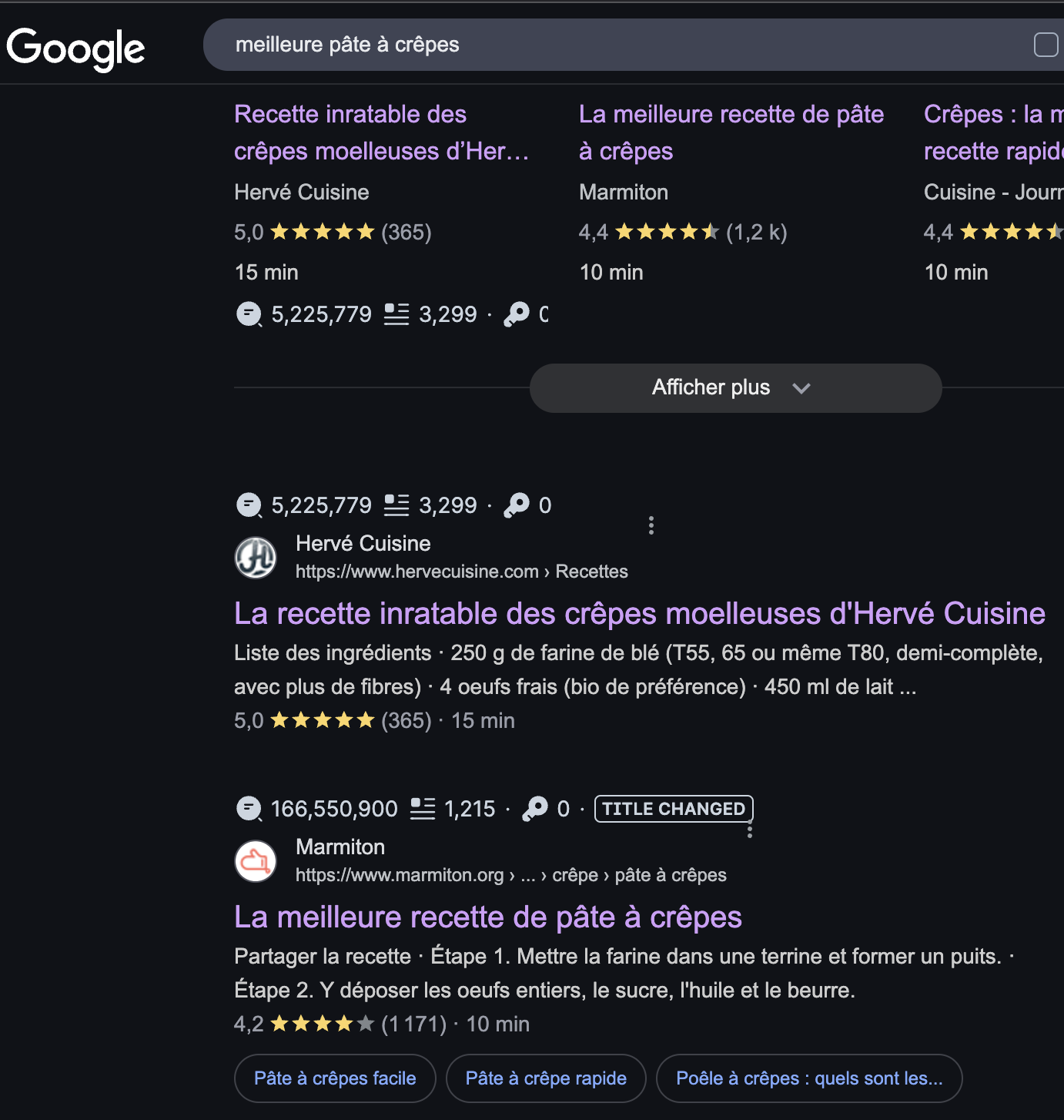 exemple : Marmiton - TOP 2 sur "meilleure pâte à crêpes"